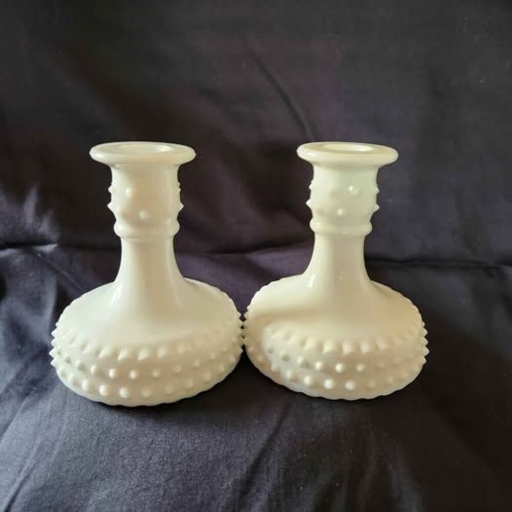 2 Vtg. Milk Glass Hobnail Candle Holders 5”